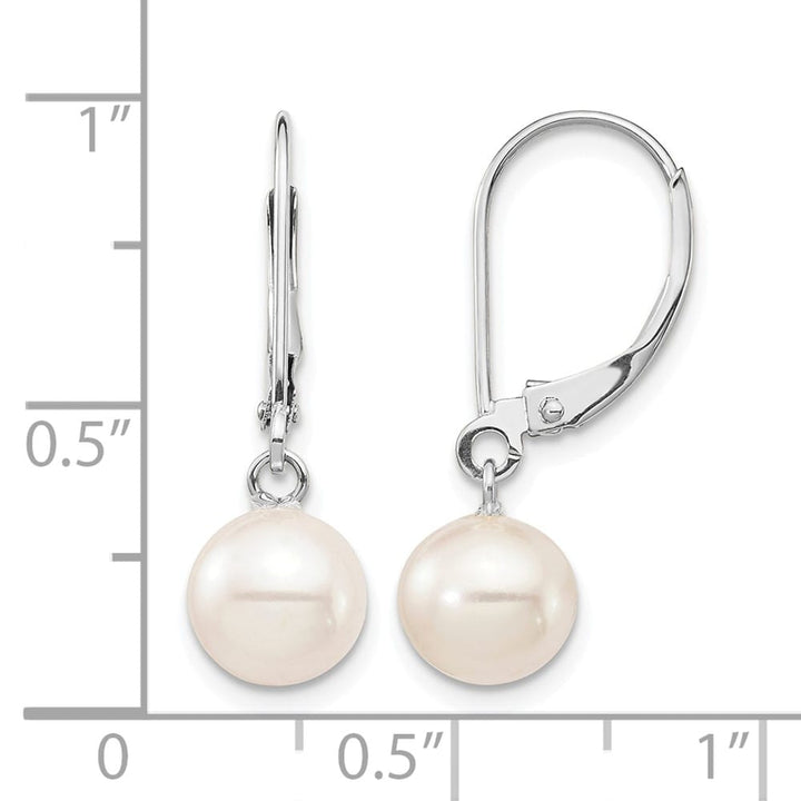 14K White Gold 7-8mm White Round Freshwater Pearl Dangle Earrings