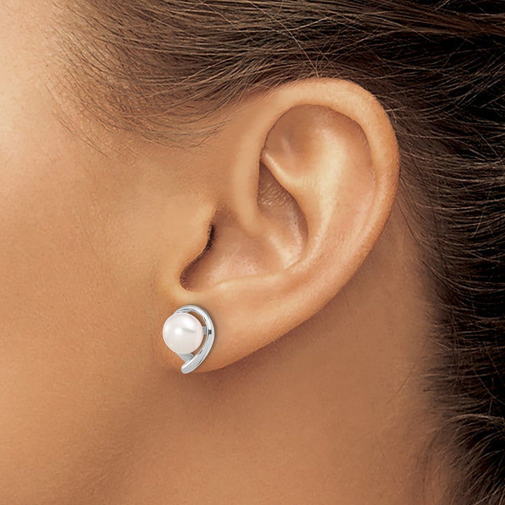 14K White Gold 7-8mm White Button Freshwater Pearl Post Earrings