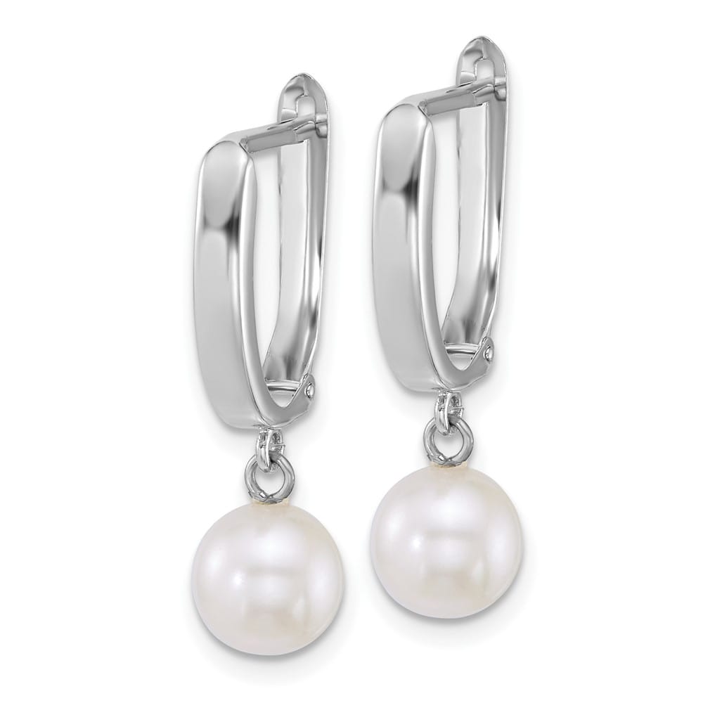 14K White Gold 7-8mm Round White Freshwater Pearl Dangle Hoop Earrings