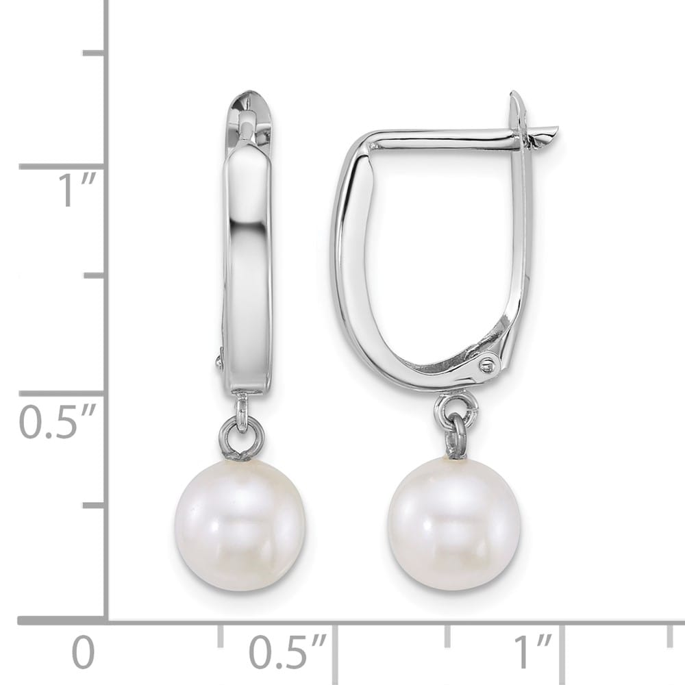 14K White Gold 7-8mm Round White Freshwater Pearl Dangle Hoop Earrings