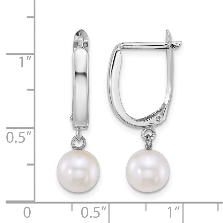 14K White Gold 7-8mm Round White Freshwater Pearl Dangle Hoop Earrings