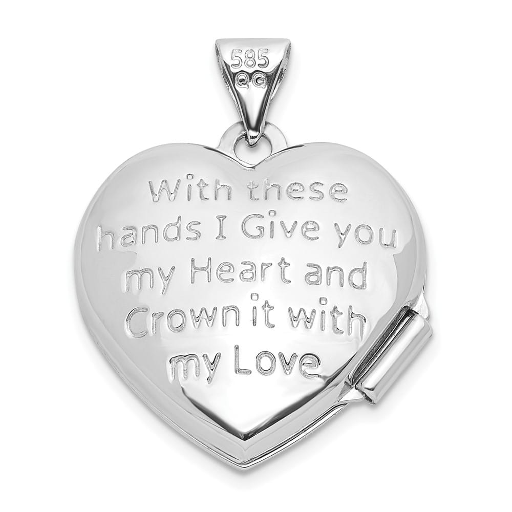 Lovely Rita's Pendants & Charms 14K White Gold Diamond Claddagh with Poem on Reverse 18mm Heart Locket