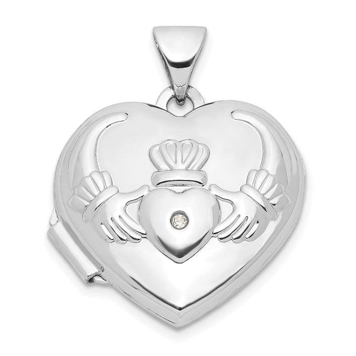 Lovely Rita's Pendants & Charms 14K White Gold Diamond Claddagh with Poem on Reverse 18mm Heart Locket