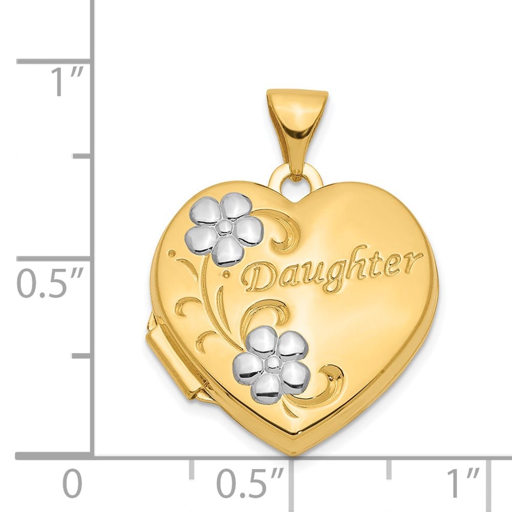 Lovely Rita's Pendants & Charms 14K Yellow Gold DAUGHTER Script Floral 18mm Heart Locket