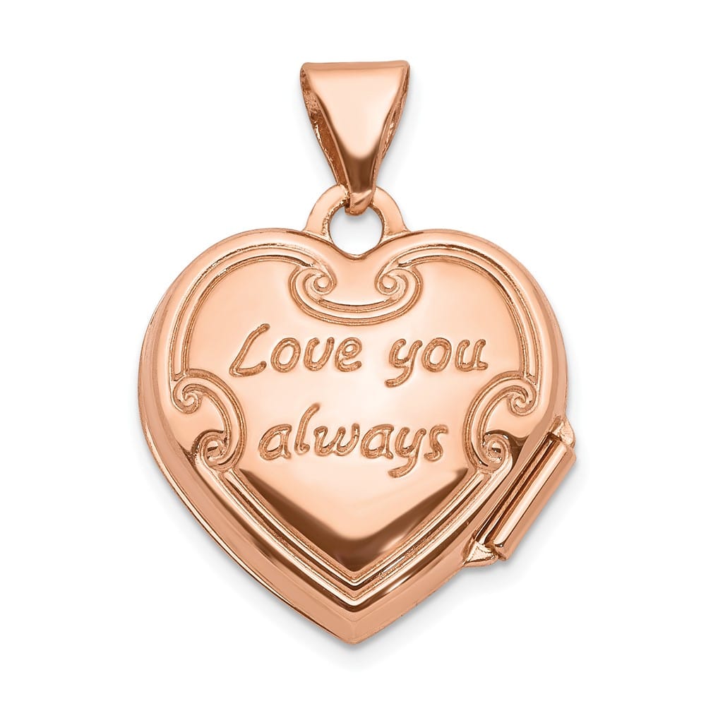 Lovely Rita's Pendants & Charms 14K Rose Gold Floral Reverses to LOVE YOU ALWAYS 15mm Heart Locket