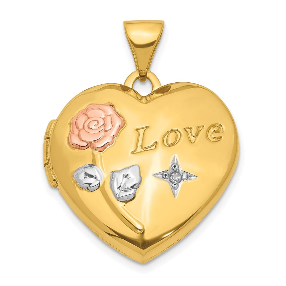Lovely Rita's Pendants & Charms 14K Yellow Gold LOVE Rose and Diamond Star 19mm Heart Locket