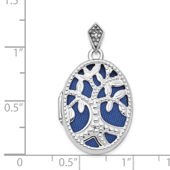 Lovely Rita's Pendants & Charms 14K White Gold D.C. Cut-Out Tree with Blue Fabric 23mm Oval Locket