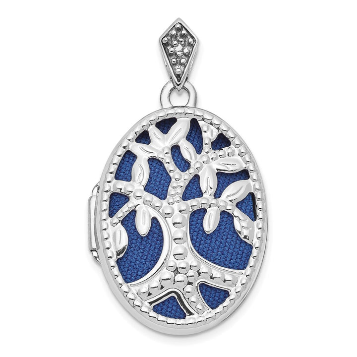 Lovely Rita's Pendants & Charms 14K White Gold D.C. Cut-Out Tree with Blue Fabric 23mm Oval Locket