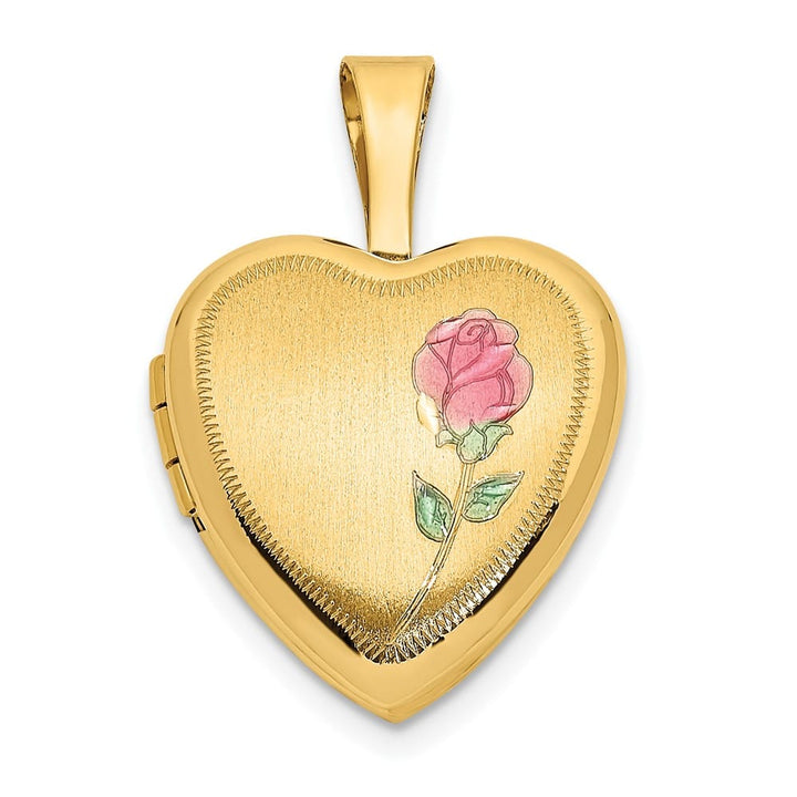 Lovely Rita's Pendants & Charms 14K Yellow Gold with Pink and Green Enamel Rose 12mm Heart Locket