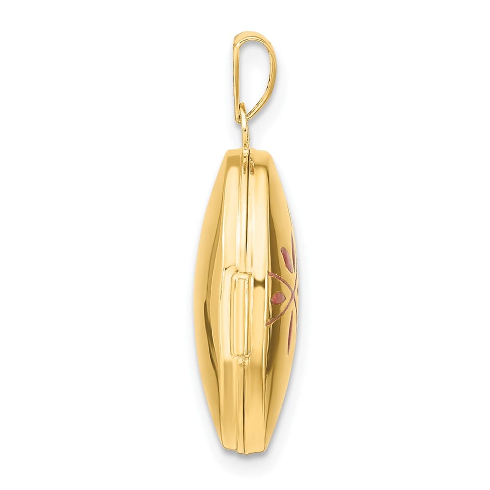 Lovely Rita's Pendants & Charms 14K Yellow Gold Pink Enamel Leaves 19mm Oval Locket