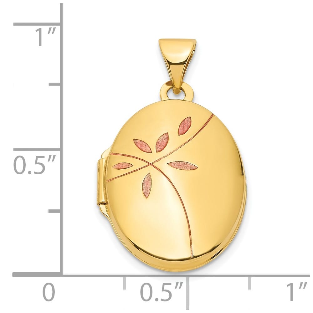 Lovely Rita's Pendants & Charms 14K Yellow Gold Pink Enamel Leaves 19mm Oval Locket