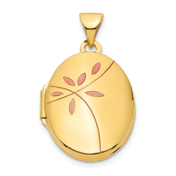 Lovely Rita's Pendants & Charms 14K Yellow Gold Pink Enamel Leaves 19mm Oval Locket