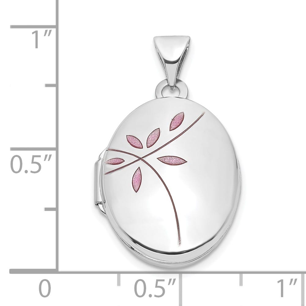 Lovely Rita's Pendants & Charms 14K White Gold Pink Enamel Leaves 19mm Oval Locket