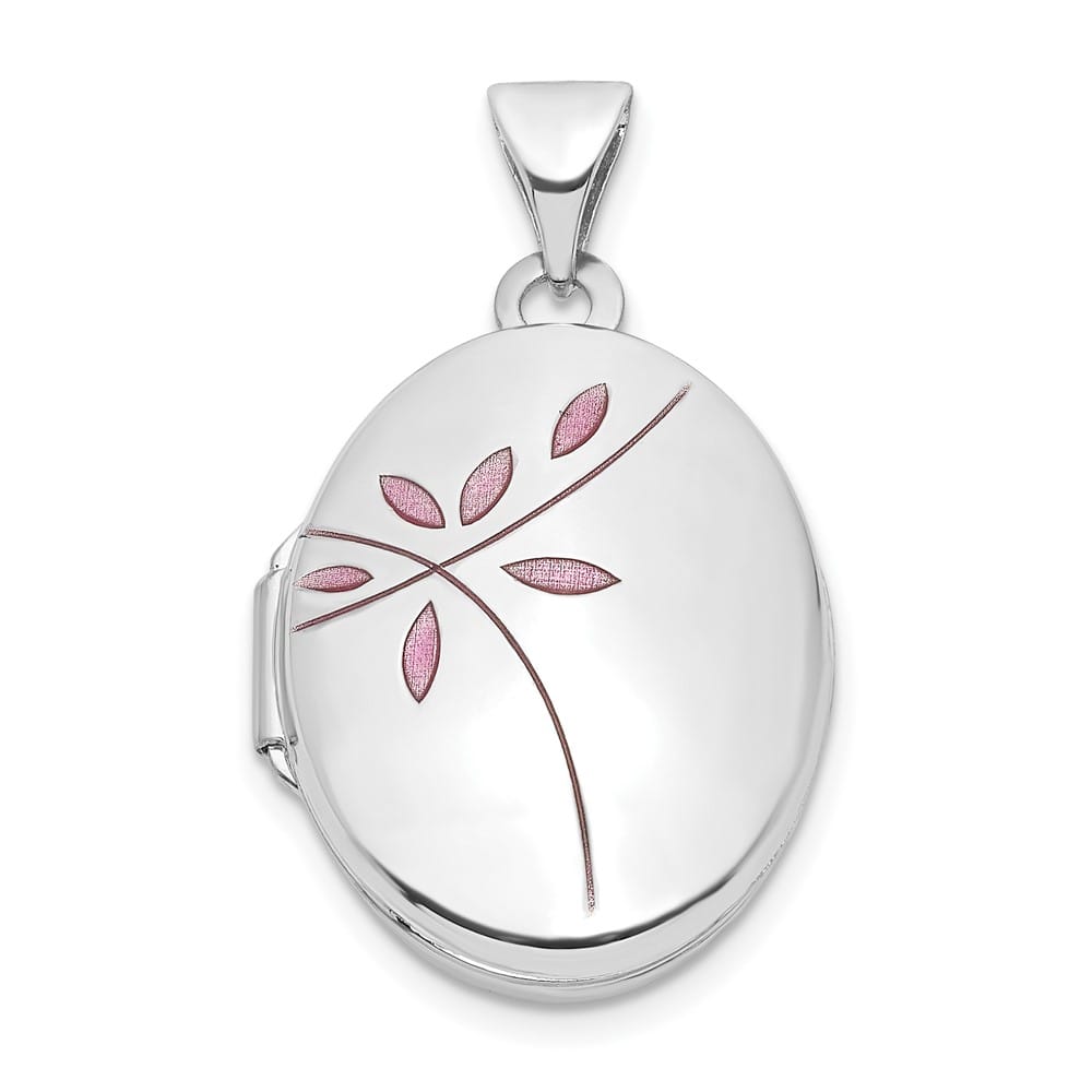 Lovely Rita's Pendants & Charms 14K White Gold Pink Enamel Leaves 19mm Oval Locket