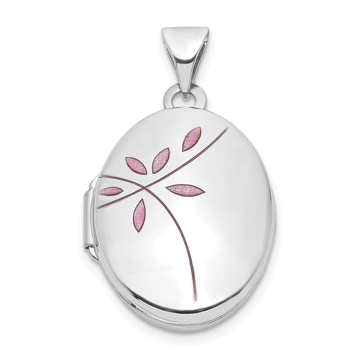 Lovely Rita's Pendants & Charms 14K White Gold Pink Enamel Leaves 19mm Oval Locket