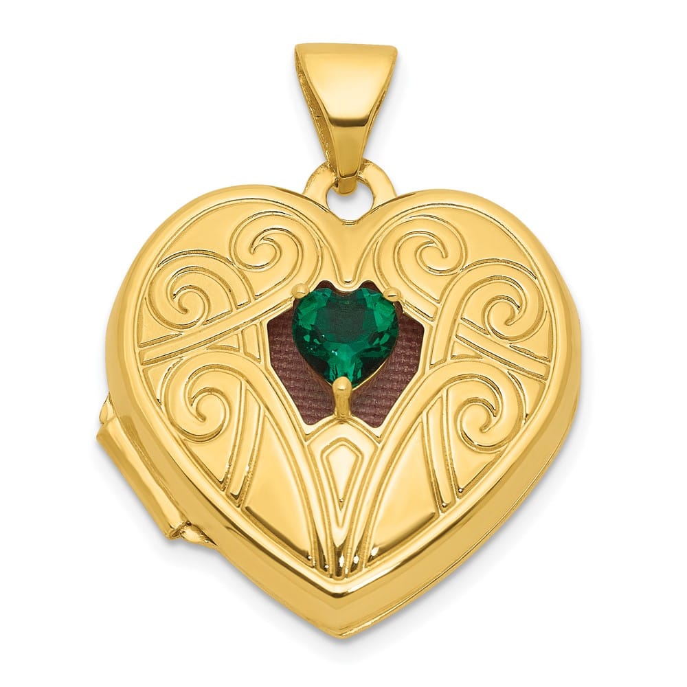 Lovely Rita's Pendants & Charms 14K Yellow Gold Lab Created Emerald May Birthstone 18mm Heart Locket