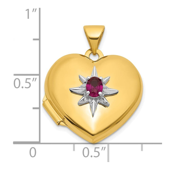 Lovely Rita's Pendants & Charms 14K Yellow Gold Starburst and Round Lab Created Ruby 18mm Heart Locket