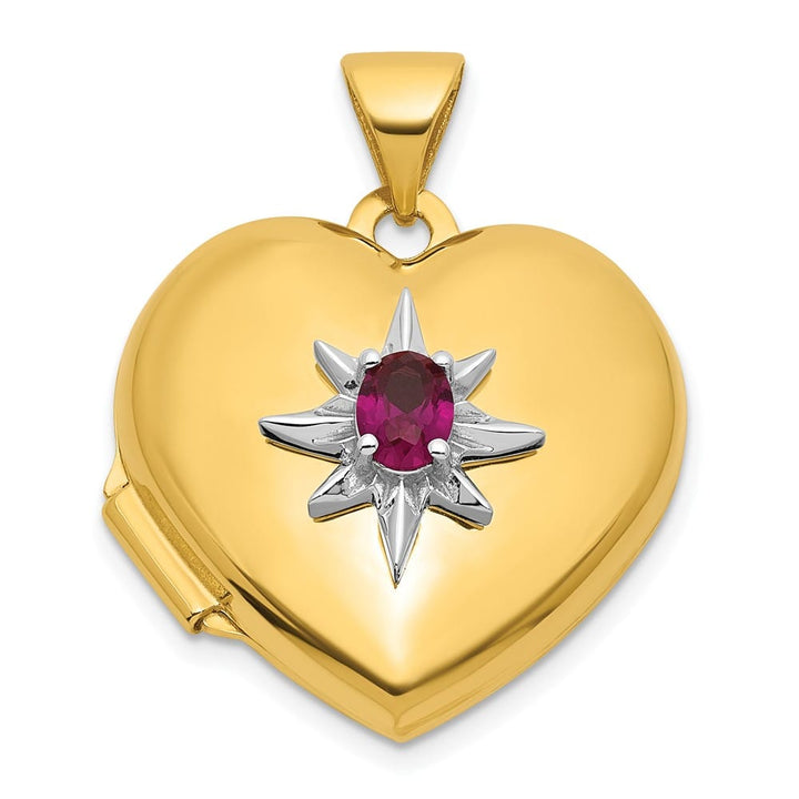 Lovely Rita's Pendants & Charms 14K Yellow Gold Starburst and Round Lab Created Ruby 18mm Heart Locket