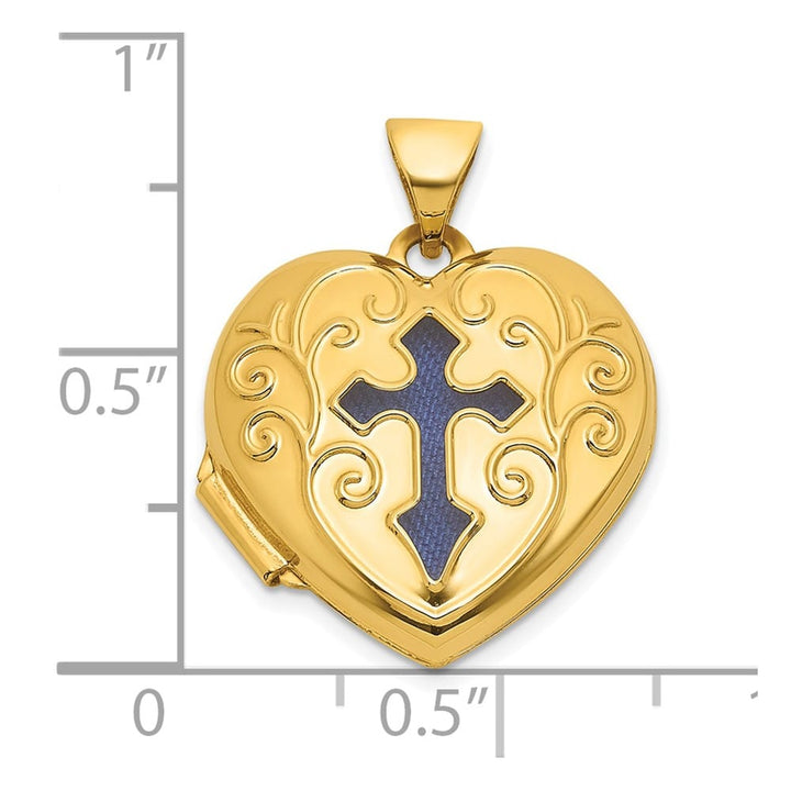 Lovely Rita's Pendants & Charms 14K Yellow Gold Open Cross with Blue Fabric 18mm Scrolled Heart Locket