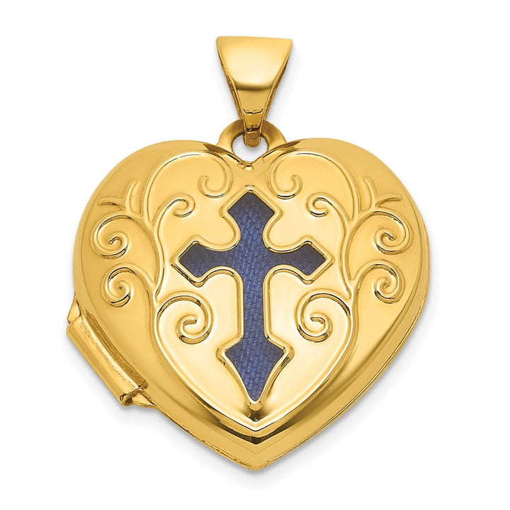 Lovely Rita's Pendants & Charms 14K Yellow Gold Open Cross with Blue Fabric 18mm Scrolled Heart Locket