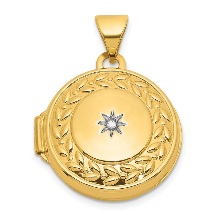 Lovely Rita's Pendants & Charms 14K Yellow Gold Half Point Diamond Leaf Border 16mm Round Locket
