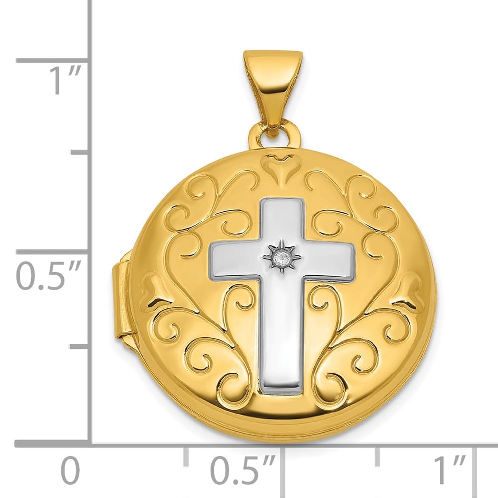 Lovely Rita's Pendants & Charms 14K Yellow Gold Half Point Diamond Polished Cross 20mm Round Locket