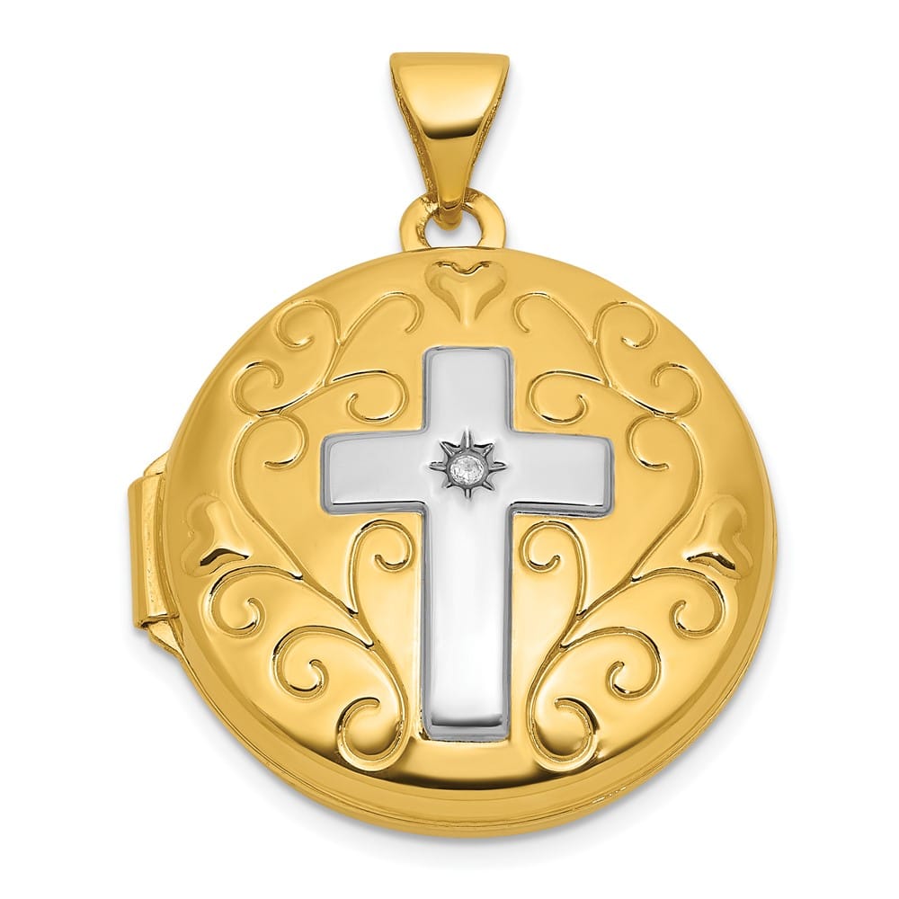 Lovely Rita's Pendants & Charms 14K Yellow Gold Half Point Diamond Polished Cross 20mm Round Locket