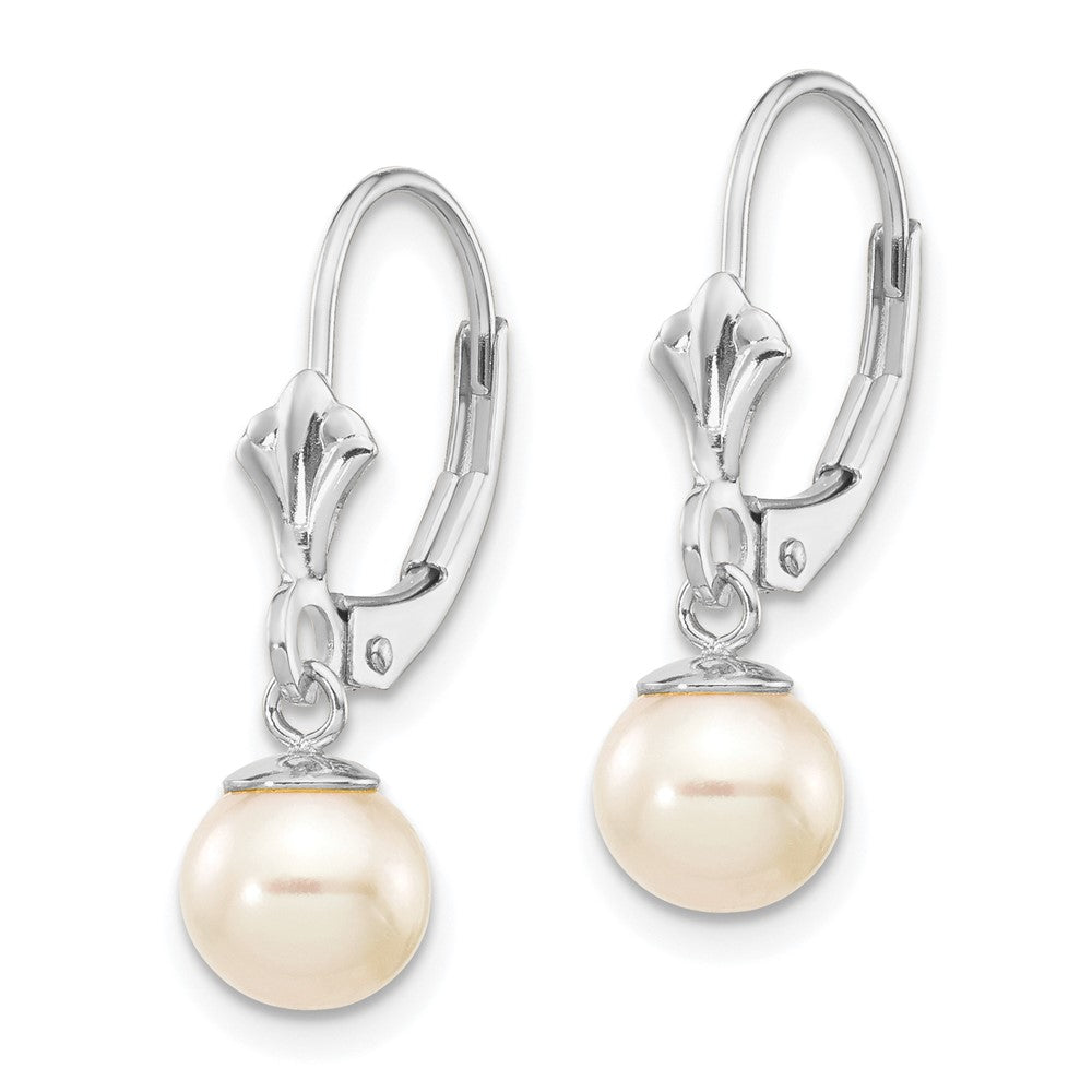 14K White Gold 6-7mm White Round Freshwater Pearl Dangle Earrings