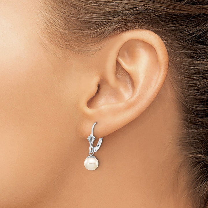 14K White Gold 6-7mm White Round Freshwater Pearl Dangle Earrings