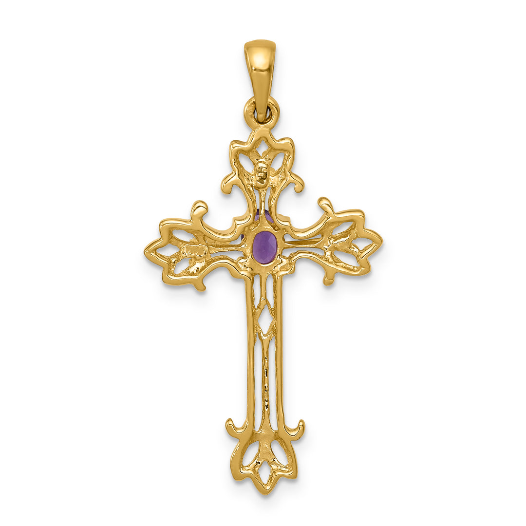 14k Yellow Gold Oval Shape Amethyst Stone Cross Pendant