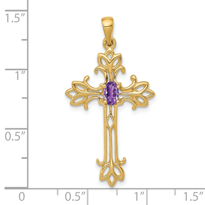 14k Yellow Gold Oval Shape Amethyst Stone Cross Pendant