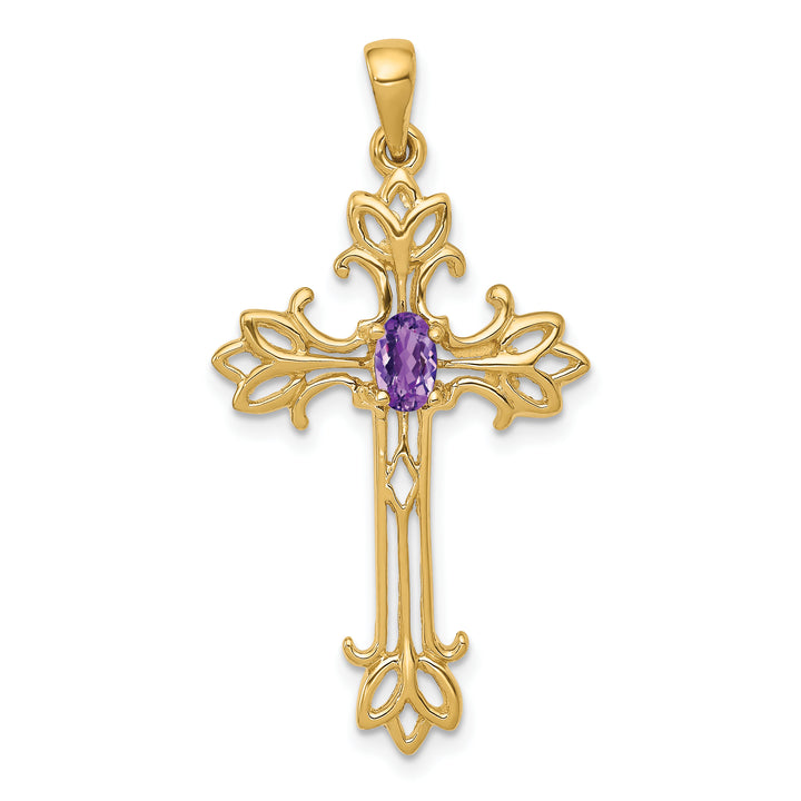 14k Yellow Gold Oval Shape Amethyst Stone Cross Pendant
