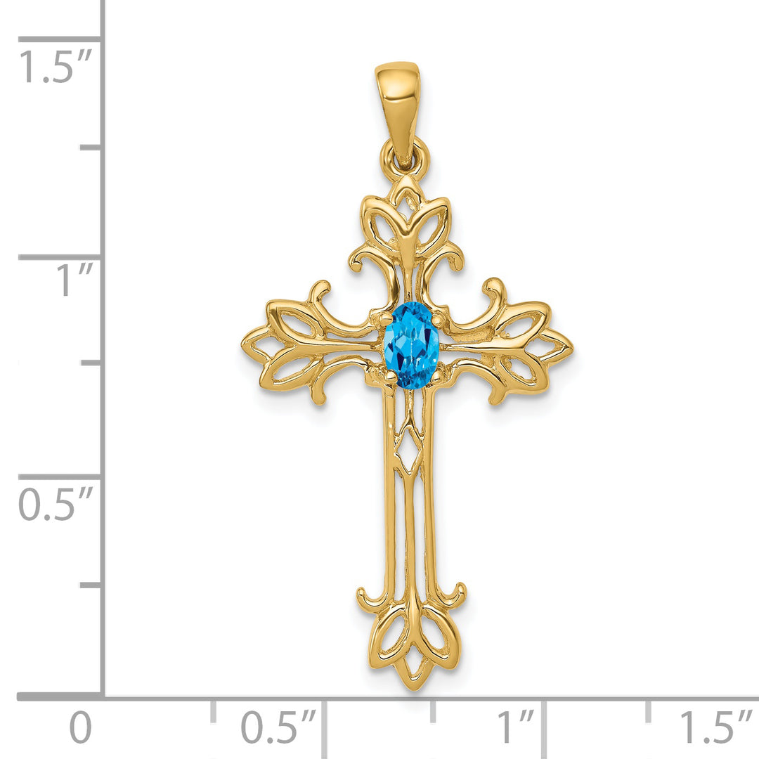 14k Yellow Gold Oval Shape Blue Topaz Stone Cross Pendant