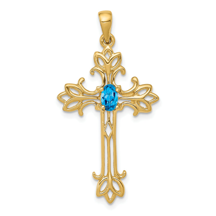 14k Yellow Gold Oval Shape Blue Topaz Stone Cross Pendant