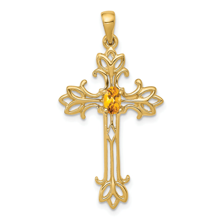 14k Yellow Gold Oval Shape Citrine Stone Cross Pendant