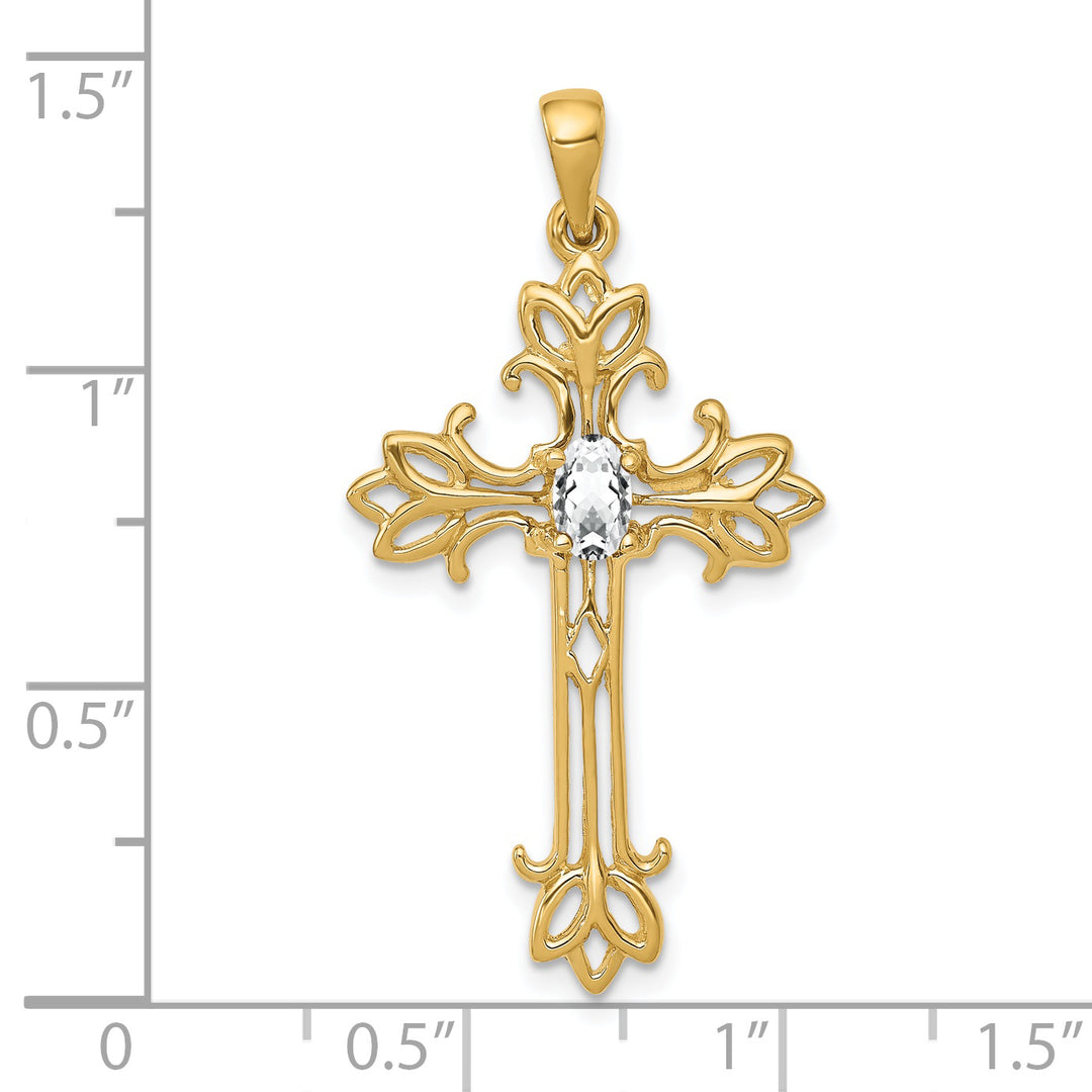 14k Yellow Gold Oval Shape Cubic Zirconia Stone Cross Pendant