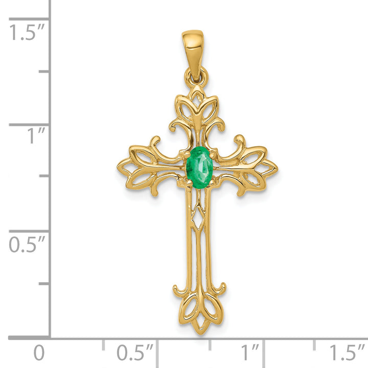 14k Yellow Gold Oval Stone Emerald Cross Design Pendant