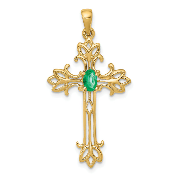 14k Yellow Gold Oval Stone Emerald Cross Design Pendant
