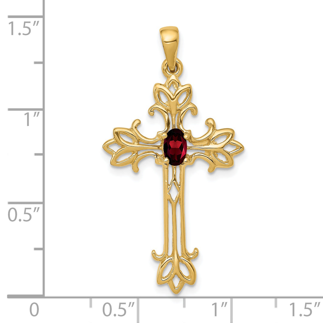 14k Yellow Gold Oval Shape Garnet Stone Cross Pendant