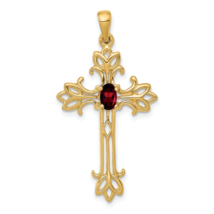 14k Yellow Gold Oval Shape Garnet Stone Cross Pendant