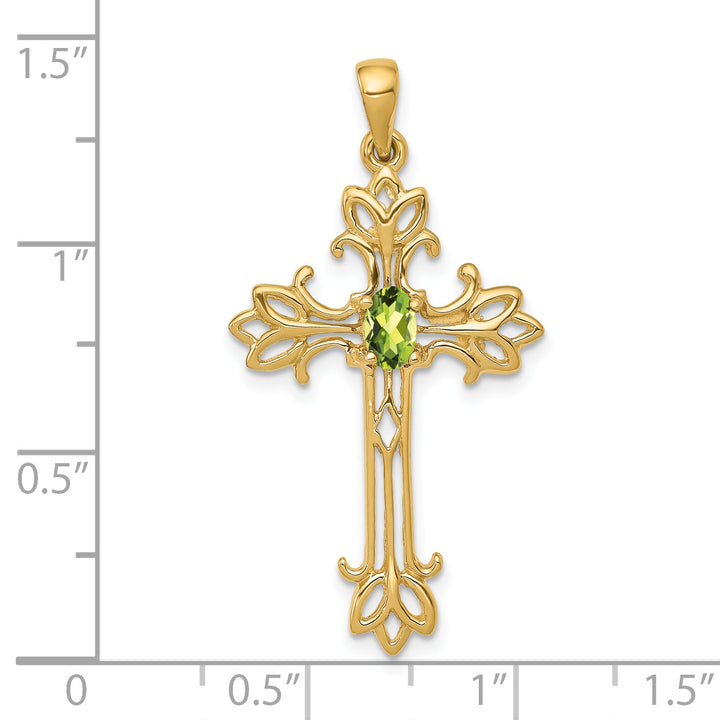 14k Yellow Gold Oval Shape Peridot Stone Cross Pendant