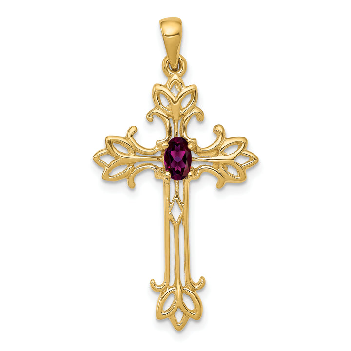 14k Yellow Gold Oval Shape Rhodolite Garnet Cross Pendant