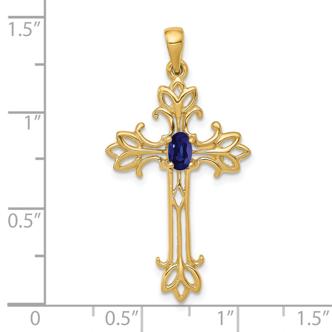 14k Yellow Gold Oval Shape Sapphire Stone Cross Pendant