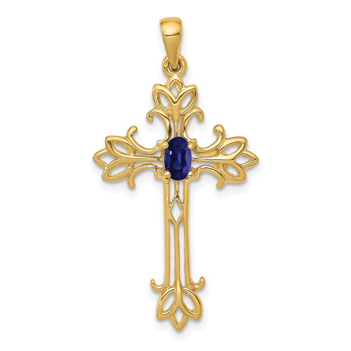 14k Yellow Gold Oval Shape Sapphire Stone Cross Pendant