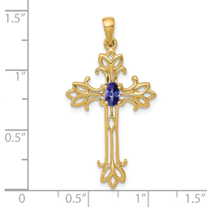 14k Yellow Gold Oval Shape Tanzanite Stone Cross Pendant
