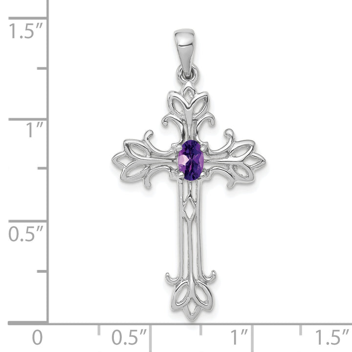 14k White Gold Oval Shape Amethyst Stone Cross Pendant
