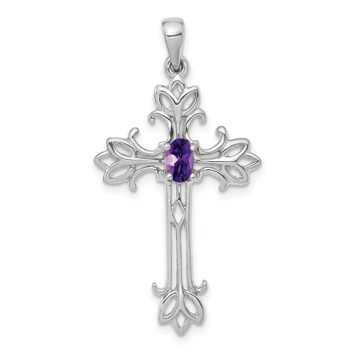 14k White Gold Oval Shape Amethyst Stone Cross Pendant