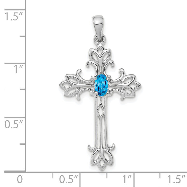 14k White Gold Oval Shape Blue Topaz Stone Cross Pendant