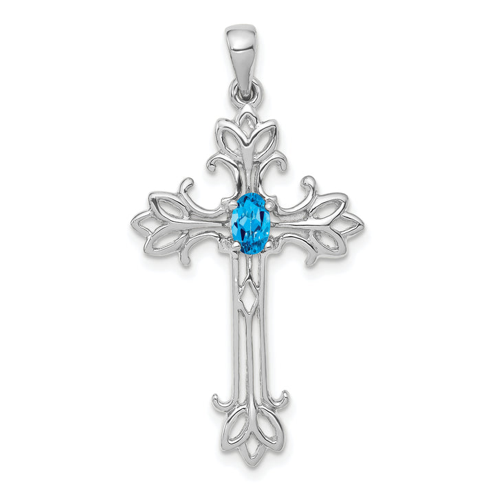 14k White Gold Oval Shape Blue Topaz Stone Cross Pendant