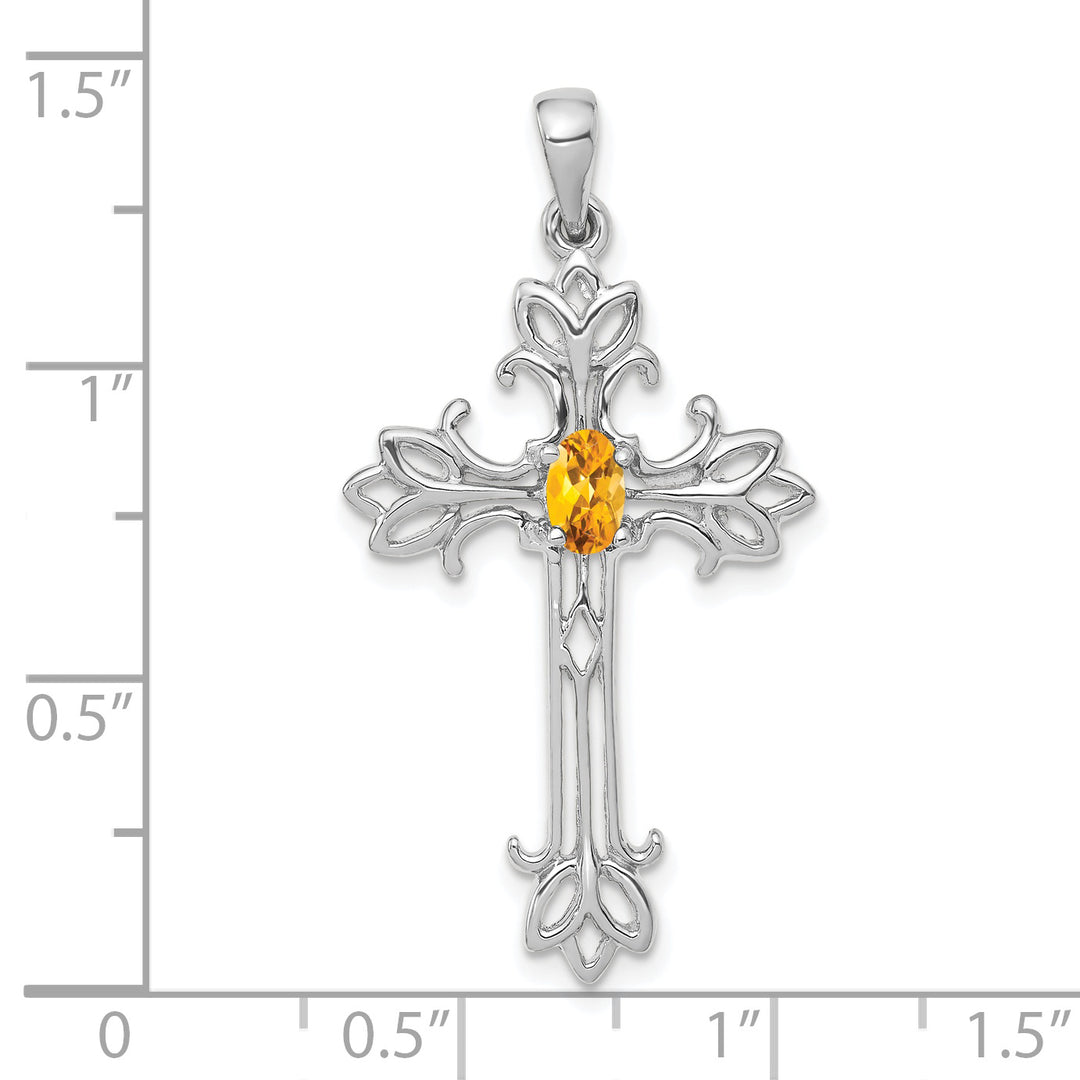 14k White Gold Oval Citrine Stone Detailed Cross Pendant